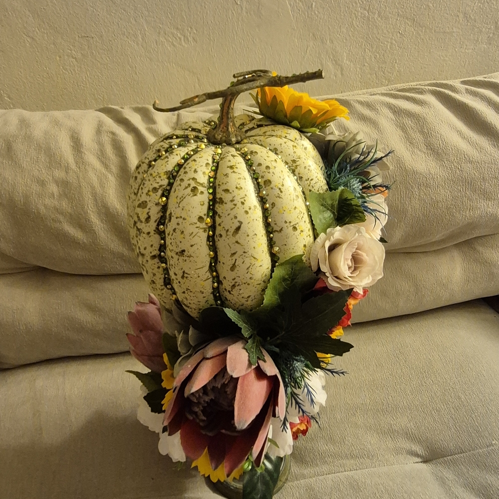 Decorative White Pumpkin with Floral Accents
